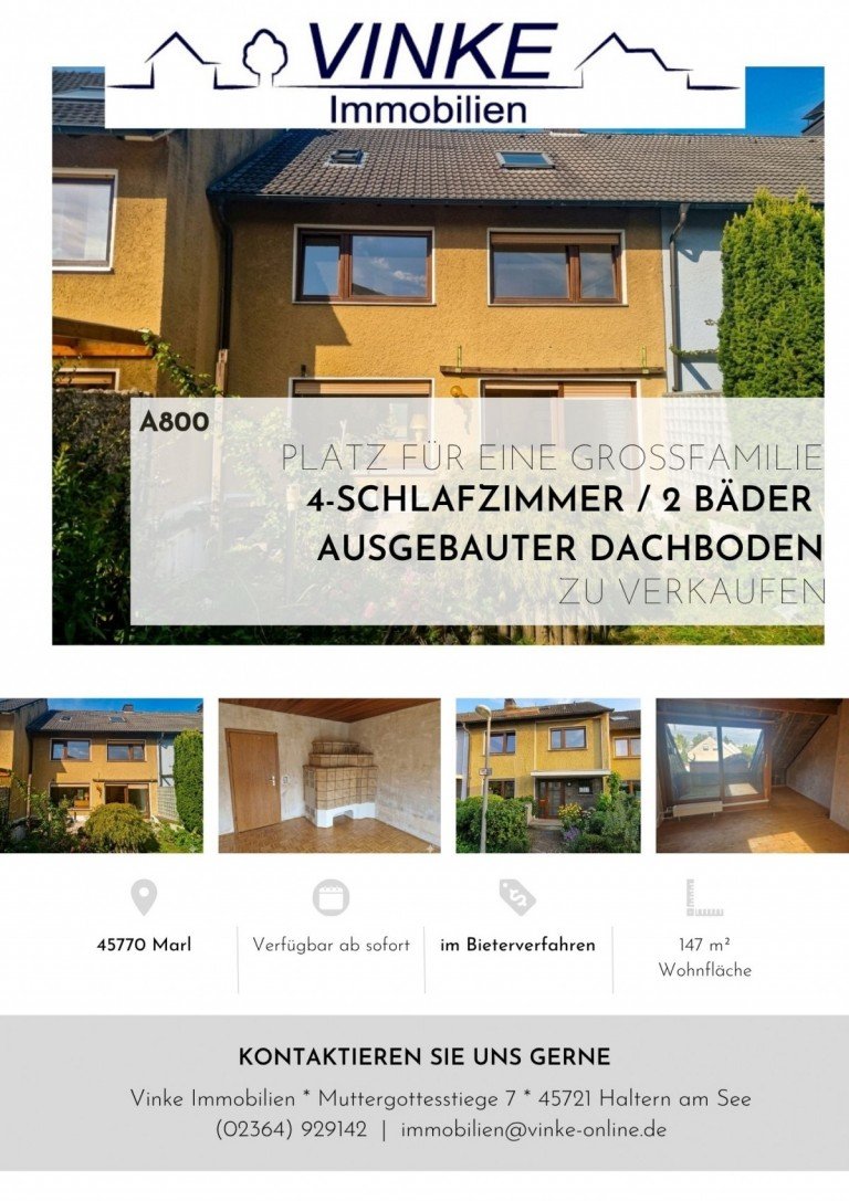Deckblatt Marl Reihenmittelhaus Verkauf im Bieterverfahren: Gro�es Reihenmittelhaus in guter Lage von Marl - viel Platz und Raum f�r eigene Ideen